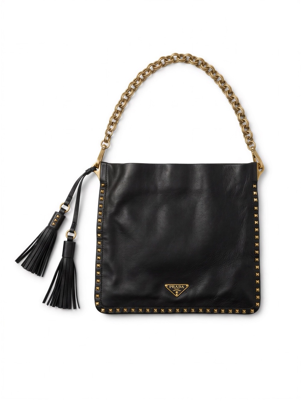 Prada Black Leather Chain-Handle Shoulder Bag with Tassels